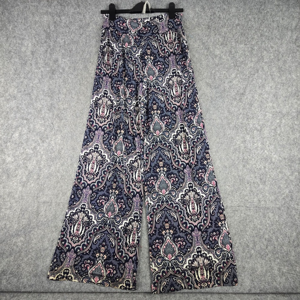 Clara Sunwoo Palazzo Pants Womens Large L Navy Pink Paisley Wide Leg Stretch USA